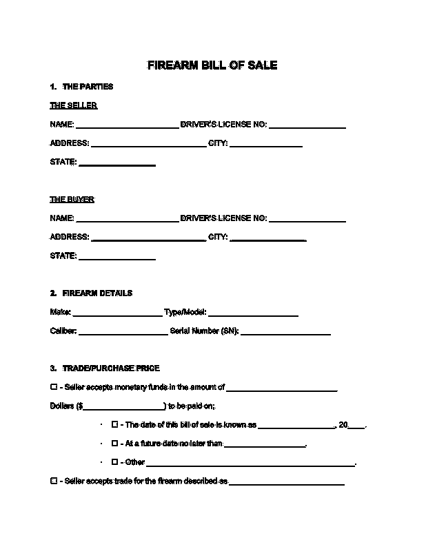 Firearm (Gun) Bill of Sale Kind
